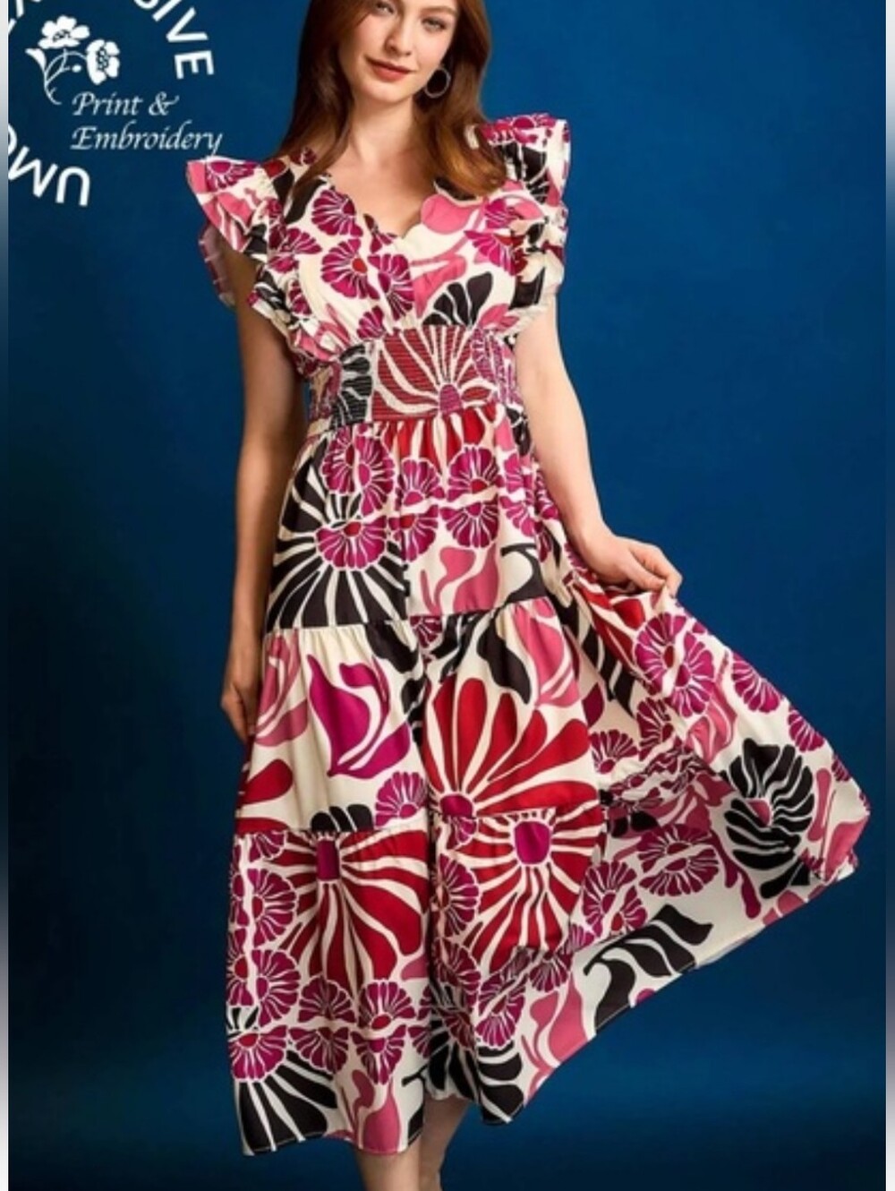 Umgee Pink Multi Floral Maxi Dress with Smocked Waist